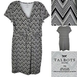 Talbots Petite Faux Wrap Jersey Stretch Shift Dress MP Short Sleeve Chevron
